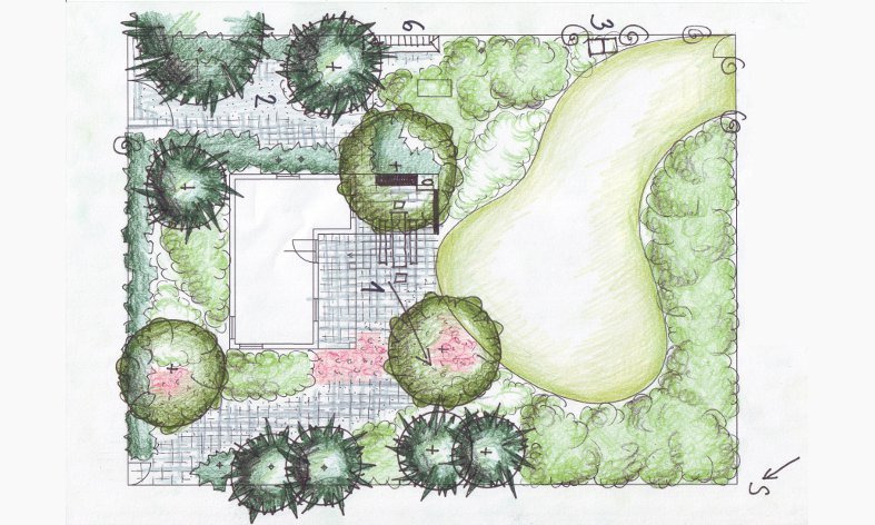 kompoziční studie zahrady - varianta s rozšířenou obytnou terasou